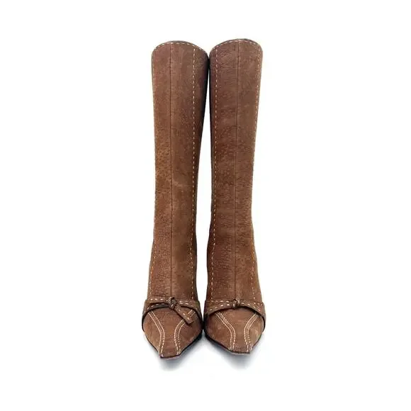 Vintage Prada Brown Suede Bow White Contrast Stitch Knee High Boots 40 - Picture 6 of 9